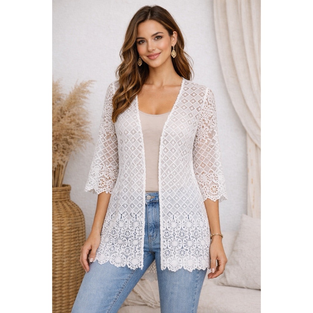 a white lace open-front cardigan featuring three-quarter sleeves Size‎ 5X